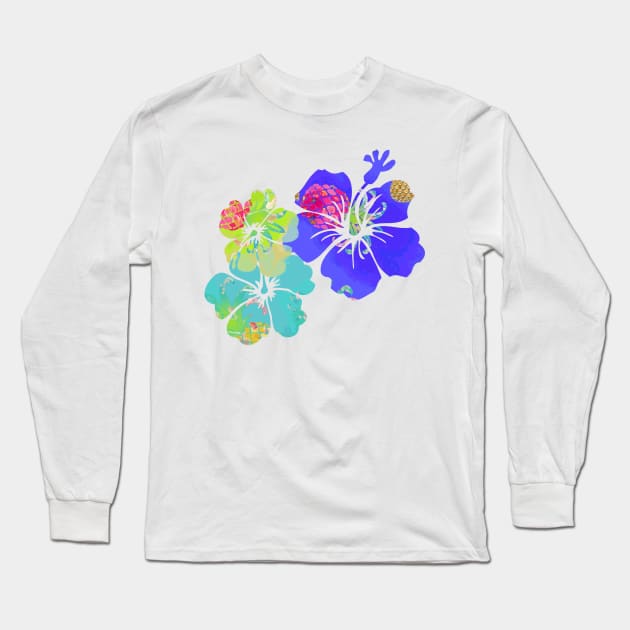 PixDezines Aloha Hibiscus, Purple, Lime, Aqua Long Sleeve T-Shirt by PixDezines